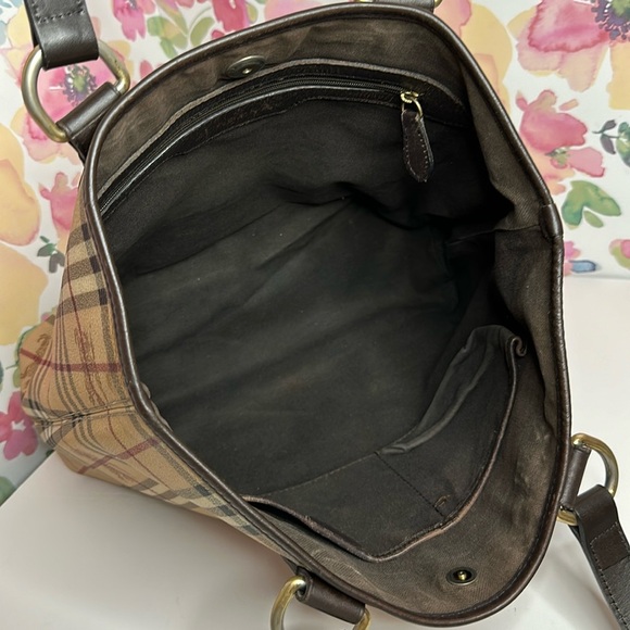 💯Authentic  BURBERRY HAYMARKET CHECK TOTE BAG LEATHER  HANDBAGS WOMEN🍀 - Picture 3 of 17